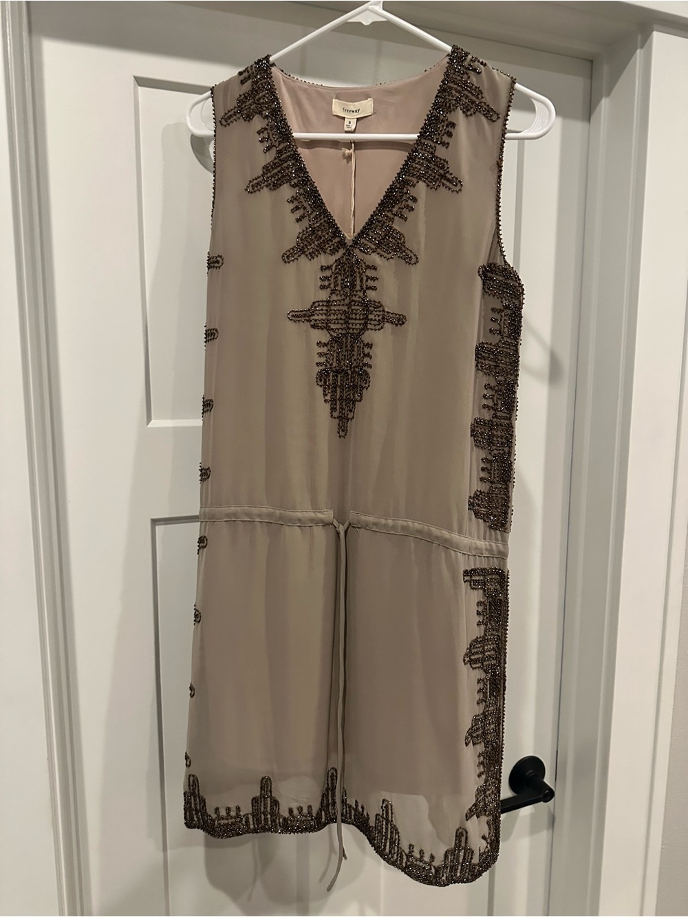 Freeway Beige Sleeveless Beaded Shift Dress